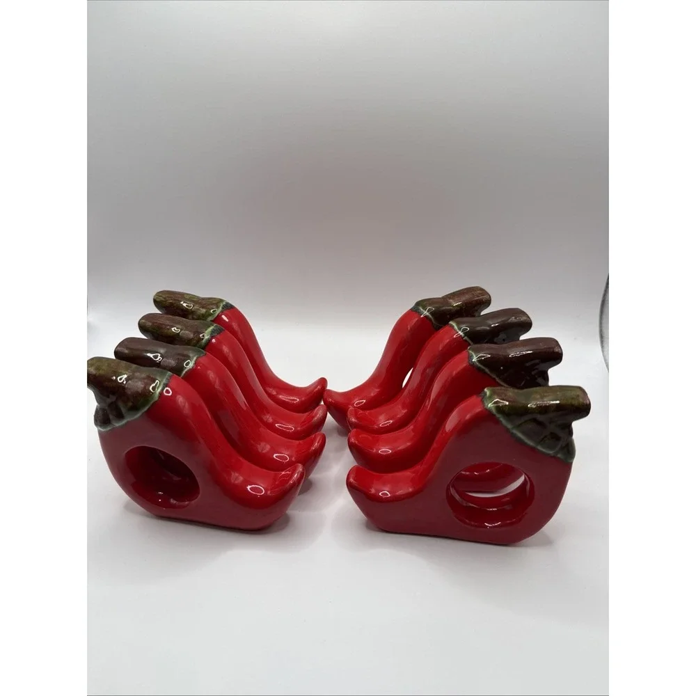 Red Chili Peppers Napkin Rings Set of 8 Ceramic Porcelain 3x3.5